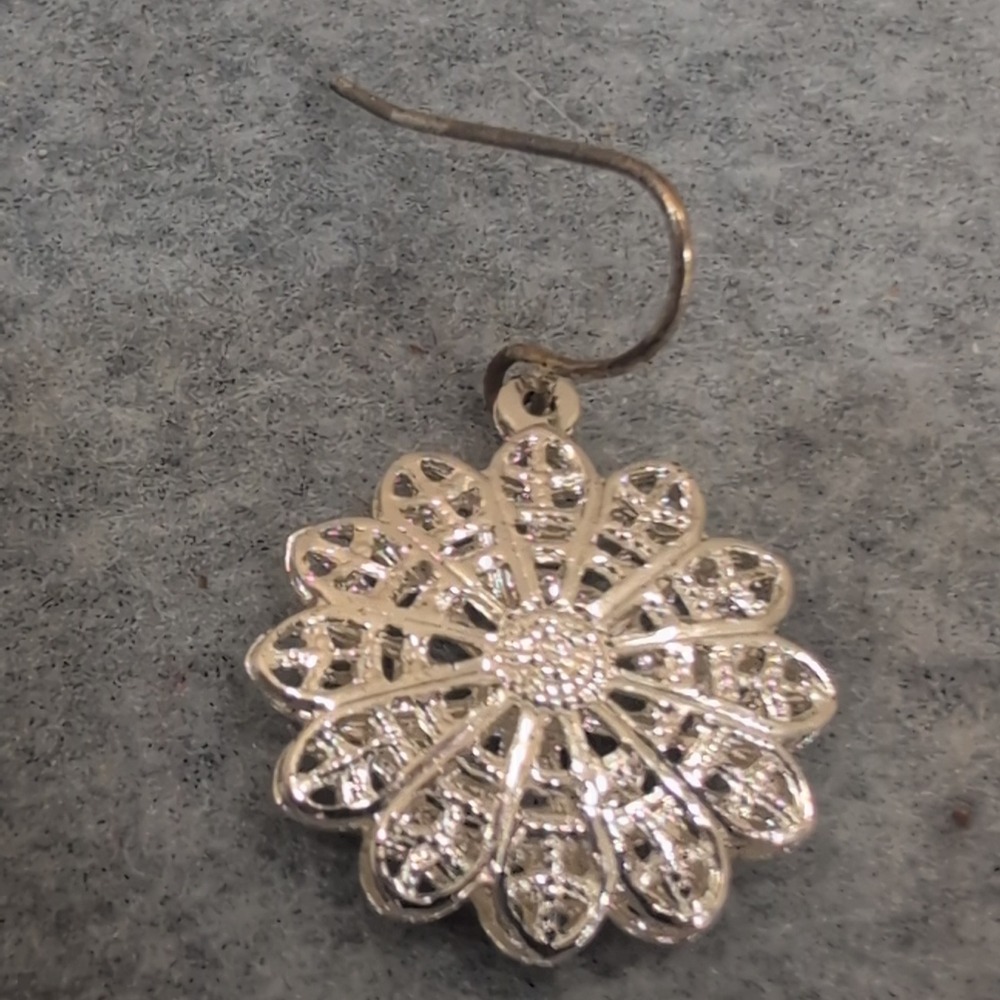 Silver Tone Filigree Flower Dangle Earrings Dainty Petal Design Stained Glass - Picture 2 of 4